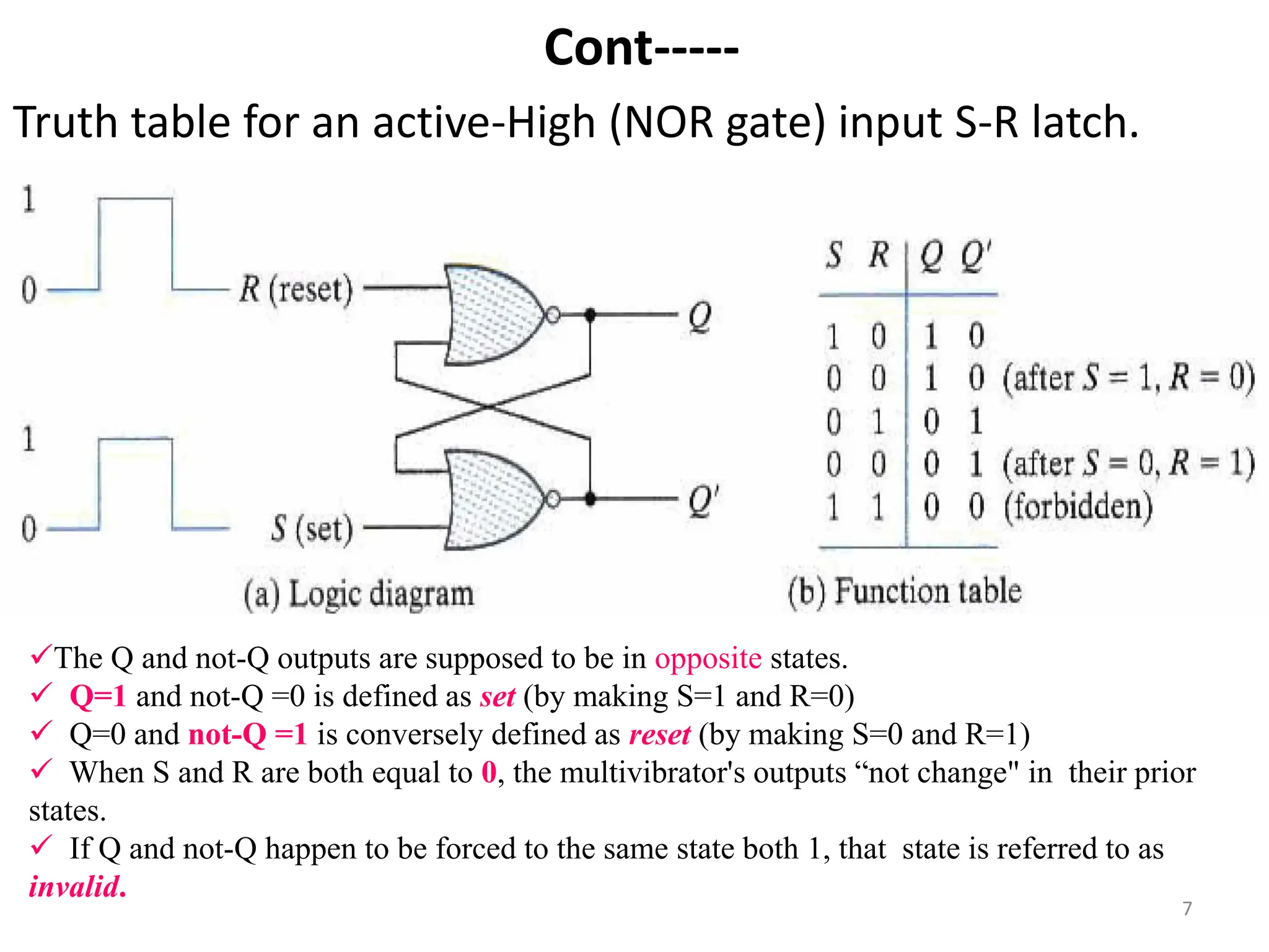 Cont-----
Truth table for an active-High (NOR gate) input S-R latch.
7
The Q and not-Q outputs are supposed to be in opposite states.
 Q=1 and not-Q =0 is defined as set (by making S=1 and R=0)
 Q=0 and not-Q =1 is conversely defined as reset (by making S=0 and R=1)
 When S and R are both equal to 0, the multivibrator's outputs “not change" in their prior
states.
 If Q and not-Q happen to be forced to the same state both 1, that state is referred to as
invalid.
 