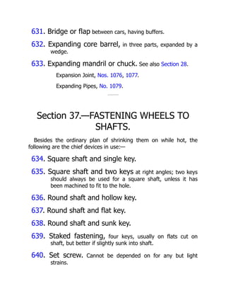 631. Bridge or flap between cars, having buffers.
632. Expanding core barrel, in three parts, expanded by a
wedge.
633. Expanding mandril or chuck. See also Section 28.
Expansion Joint, Nos. 1076, 1077.
Expanding Pipes, No. 1079.
Section 37.—FASTENING WHEELS TO
SHAFTS.
Besides the ordinary plan of shrinking them on while hot, the
following are the chief devices in use:—
634. Square shaft and single key.
635. Square shaft and two keys at right angles; two keys
should always be used for a square shaft, unless it has
been machined to fit to the hole.
636. Round shaft and hollow key.
637. Round shaft and flat key.
638. Round shaft and sunk key.
639. Staked fastening, four keys, usually on flats cut on
shaft, but better if slightly sunk into shaft.
640. Set screw. Cannot be depended on for any but light
strains.
 