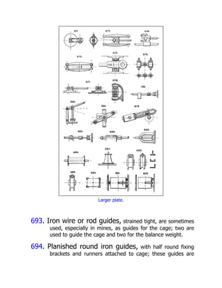 Larger plate.
693. Iron wire or rod guides, strained tight, are sometimes
used, especially in mines, as guides for the cage; two are
used to guide the cage and two for the balance weight.
694. Planished round iron guides, with half round fixing
brackets and runners attached to cage; these guides are
 