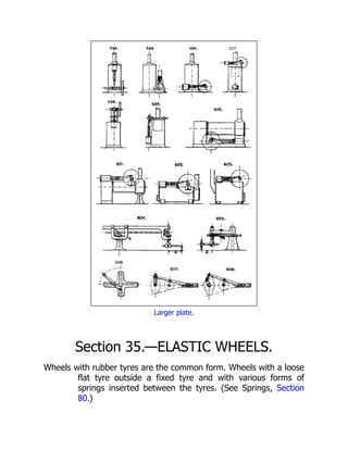 Larger plate.
Section 35.—ELASTIC WHEELS.
Wheels with rubber tyres are the common form. Wheels with a loose
flat tyre outside a fixed tyre and with various forms of
springs inserted between the tyres. (See Springs, Section
80.)
 