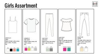 Girls Assortment
G1007COT
TANK
Made of stretch cotton jersey
(97% cotton, 3% lycra).
$30
G2007COT
TEE-SHIRT
Made of cotton jersey knit
(100% cotton).
$33
G4017COT
LEGGING
Made of rayon lycra jersey
(92% rayon, 8% lycra).
$41
G2017COT
BLOUSE
Made of a stretch polyester
chiffon (97% polyester, 3%
elastane).
$45
G4027COT
CAPRI
The pants will be made of a
stretch cotton canvas (92%
cotton, 8% lycra).
$49
 