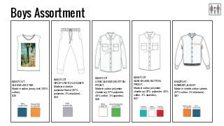 Boys Assortment
B2057COT
SLEEVELESS TEE
Made in cotton jersey knit (100%
cotton).
$35
B4047COT
DROP CROTCH JOGGER
Made in a stretch
polyester fleece (97%
polyester, 3% elastane).
$53
B2057COT
LONG SLEEVED BUTTON
FRONT
Made in cotton polyester
chambray (57% polyester,
40% cotton, 3% spandex).
$49
B2067COT
SLEEVELESS BUTTON
FRONT
Made in cotton polyester
chambray (57% polyester, 40%
cotton, 3% spandex).
$47
B6027SAT
BOMBER JACKET
Made in stretch cotton sateen
(97% cotton, 3% elastane).
$81
 