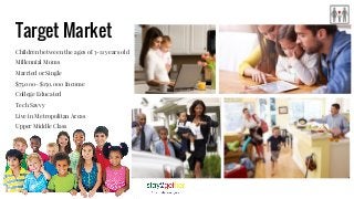 Target Market
Children between the ages of 3-11 years old
Millennial Moms
Married or Single
$75,000- $150,000 Income
College Educated
Tech Savvy
Live in Metropolitan Areas
Upper Middle Class
 