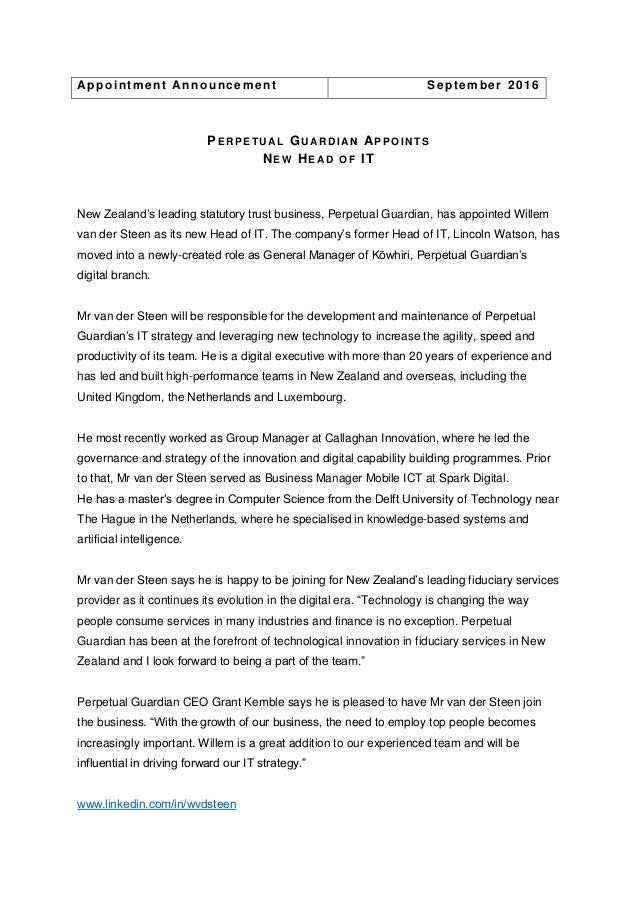 perpetual guardian appointment announcement willem van der formal promotion letter