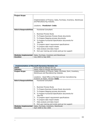 _______________________________________________________________________
_
Project Scope
Implementation of Finance, Sales, Purchase, Inventory, Warehouse
and Manufacturing modules.
Locations : Pondicheri- India
Role & Responsibilities Functional Consultant
1. Business Process Study
2. To Prepare Business Process Study documents
3. To Prepare Mapping process documents
4. To Prepare Functional Specification documents for
Gap Fits
5. To prepare report requirement specifications
6. To prepare data import sheets
7. Data analysis and data import
8. End user training and onsite post go live support
Modules Implemented Sales, Purchase, Inventory and Warehouse
Duration July 2005 to Sep 2005
Implementation of Microsoft Dynamics Navision 4.0
Client Prince Pipes & Fittings Pvt Ltd
Industry Plastic Pipes & Fittings Manufacturing
Project Scope Implementation of Finance, Sales, Purchase, Exim, Inventory,
Warehouse and Manufacturing modules.
Locations : Head Office at Mumbai and two manufacturing
locations at Dadra, Silvasa- India
Role & Responsibilities Functional Consultant
1. Business Process Study
2. To Prepare Business Process Study documents
3. To Prepare Mapping process documents
4. To Prepare Functional Specification documents for
Gap Fits
5. To prepare report requirement specifications
6. To prepare data import sheets
7. Data analysis and data import
8. End user training and onsite post go live support
Modules Implemented Sales, Purchase, Inventory, Warehouse
Duration April 2006 to Nov 2006
____________________________________________________________________
_
10
 