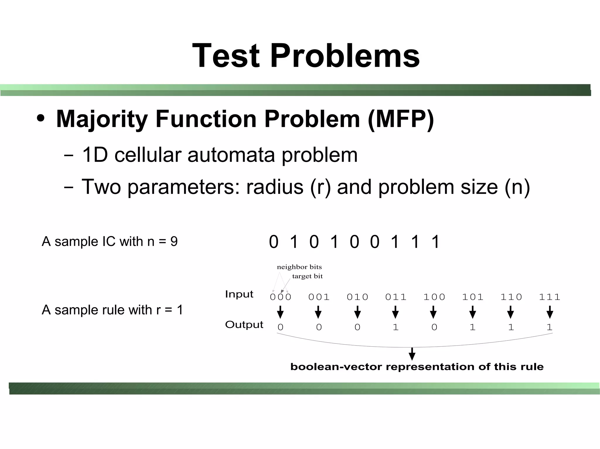 Test Problems
●   Majority Function Problem (MFP)
    –   1D cellular automata problem
    –   Two parameters: radius (r) and problem size (n)

A sample IC with n = 9               0 1 0 1 0 0 1 1 1
                                      neighbor bits
                                          target bit

                            Input    000       001     010   011   100   101   110   111
A sample rule with r = 1
                            Output   0           0      0     1     0    1     1       1



                                          boolean-vector representation of this rule
 