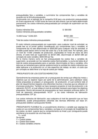 83



presupuéstales fijos y variables, o suministrar los componentes fijos y variables de
acuerdo con la fórmula presupuesta.
Continuando con el ejemplo de la compañía KLM para una producción presupuestada
en Enero siguiente de 14.000 horas de mano de obra directa, que se había determinado
previamente, los costos indirectos presupuestados por concepto de supervisión son los
siguientes:

Costos indirectos fijos                                    $ 500.000
Costos indirectos presupuestados variables:

14.000 horas * $ 202.22/h                                    $2’831.080

Total de costos indirectos presupuestados                    $3.331.080

El costo indirecto presupuestado por supervisión, para cualquier nivel de actividad, se
puede leer en el primer gráfico considerando sus componentes fijos y variables, el
componente fijo ha sido determinado en $500.000 para cualquier nivel de actividad, el
variable puede leerse entre la línea del costo fijo y la de costo total. Por ejemplo, para
un nivel de 14.000 unidades de producción, expresadas en horas de mano de obra
directa, el costo total por supervisión es $3’331.080, discriminado en $2’831.080 por
concepto de costo variable y $500.000 por fijo.
De la misma manera como se han presupuestado los costos fijos y variables de
supervisión, se procede con los restantes costos Semivariables. La suma de todos da el
total de costos presupuestados para un periodo, discriminados en fijos y variables, cifra
ésta que se necesitará para calcular posteriormente la cantidad de costos indirectos que
debe aplicarse a la producción en un lote específico de trabajo, es decir, el costo que
por concepto se debe llevar a la hoja de costos por trabajo.

PRESUPUESTO DE LOS COSTOS INDIRECTOS.

Generalmente las empresas parten de un presupuesto de ventas que refleja las metas u
objetivos que se esperan lograr por parte de la administración, para satisfacer estas
metas propuestas se prepara un presupuesto de producción, el cual contiene todo el
plan de requerimientos respecto a los diferentes insumos o recursos que se utilizarán en
el proceso productivo. También se hace necesario proyectar el nivel de producción o de
operación (N.O.P), el cual refleja el nivel de actividad necesario para lograr los objetivos
propuestos. Dentro del proceso de presupuestos se hace necesario entonces definir: El
nivel de operación presupuestado: N.O.P y los costo indirectos de fabricación
presupuestados: CIF (p).

Los costos indirectos de fabricación; sea cualquiera el nivel de operación que se haya
establecido, puede presupuestarse utilizando dos técnicas diferentes con base en:
presupuesto estático o presupuesto flexible.

PRESUPUESTO FLEXIBLE Es un procedimiento dinámico o variable que segrega los
costos en sus componentes fijos y variables y se basa en el concepto de lineabilidad de
los costos, es decir, supone que su comportamiento es lineal y por consiguiente puede
asimilarse a la ecuación de una línea recta.
   Y= a+bX
De donde,
Y = Costos totales
A = Costos fijos totales
B = Costos variables unitarios



                                                                                         83
 