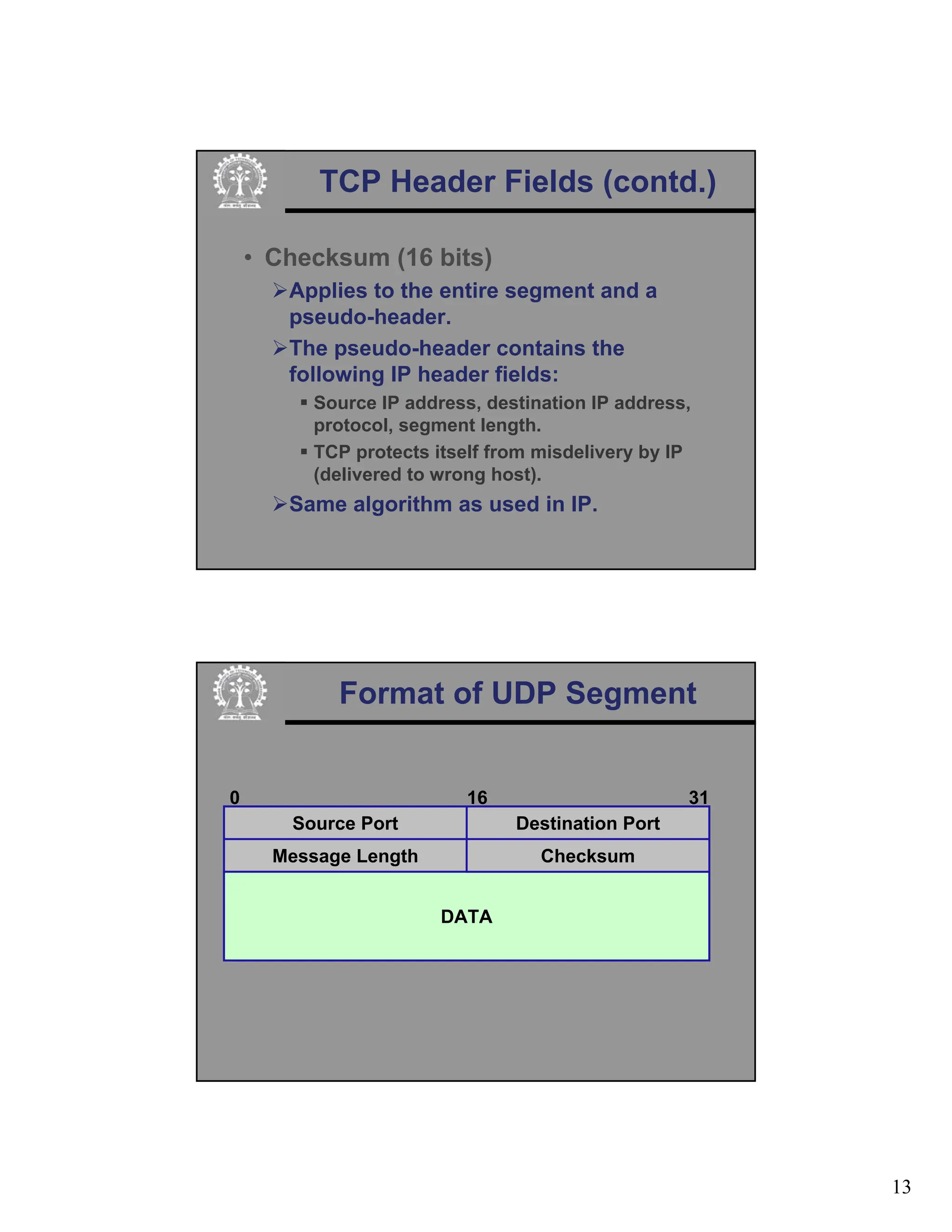 13
TCP Header Fields (contd.)
• Checksum (16 bits)
¾Applies to the entire segment and a
pseudo-header.
¾The pseudo-header contains the
following IP header fields:
ƒ Source IP address, destination IP address,
protocol, segment length.
ƒ TCP protects itself from misdelivery by IP
(delivered to wrong host).
¾Same algorithm as used in IP.
Format of UDP Segment
Destination Port
Source Port
Message Length
DATA
0 16 31
Checksum
 