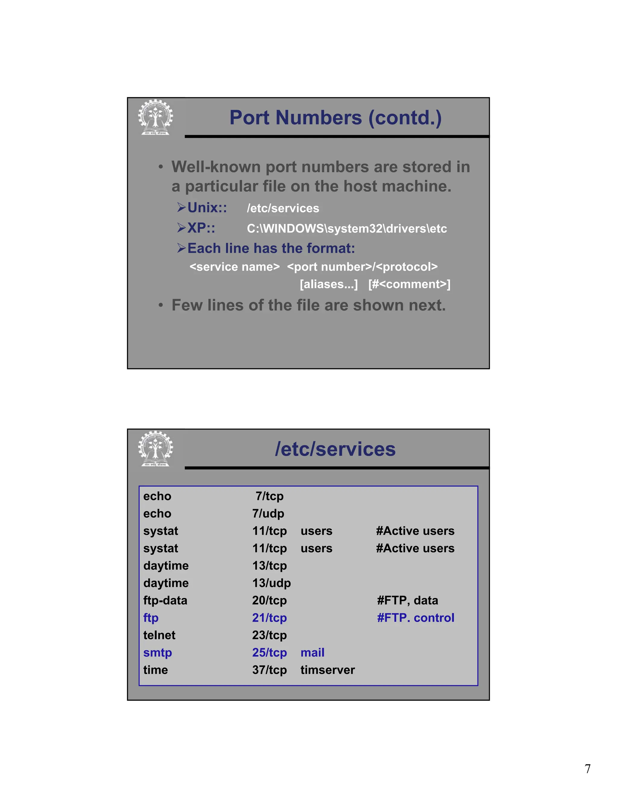 7
Port Numbers (contd.)
• Well-known port numbers are stored in
a particular file on the host machine.
¾Unix:: /etc/services
¾XP:: C:WINDOWSsystem32driversetc
¾Each line has the format:
<service name> <port number>/<protocol>
[aliases...] [#<comment>]
• Few lines of the file are shown next.
/etc/services
echo 7/tcp
echo 7/udp
systat 11/tcp users #Active users
systat 11/tcp users #Active users
daytime 13/tcp
daytime 13/udp
ftp-data 20/tcp #FTP, data
ftp 21/tcp #FTP. control
telnet 23/tcp
smtp 25/tcp mail
time 37/tcp timserver
 
