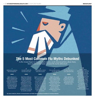 10 | FUTUREOFPERSONALHEALTH.COM | FACTS AND FIGURES MEDIAPLANET
The 5 Most Common Flu Myths Debunked
1
Influenzaisanuisance,
butnotdangerous.
Fact:Influenzaisa
highlycontagiousand
seriousinfectionthat
canbelife-threatening.
EachyearintheU.S.,
theflucancauseup
to49,000deathsand
morethan200,000
hospitalizations.
2
You don’t need a flu
vaccine every year.
Fact: Sinceinfluenza
virusesareconstantly
changingandbecause
thebody’simmune
responsefromvaccina-
tiondeclinesovertime,
itisimportanttoget
vaccinatedeveryyear.
Fluvaccinationisrecom-
mendedforeveryoneage
six months andolder.
As flu viruses begin to circulate each season, so do misconceptions about them.
Here are five of the most common flu myths debunked:
4
Flu vaccines can give
you the flu.
Fact: Afluvaccine
cannotcausefluillness.
Therearedifferentside
effectsthatmaybe
associatedwithgettinga
flushotwhichare
mildandshort-lasting,
andmayinclude
soreness,rednessor
swellingwheretheshot
was given.
3
I’m healthy, so I don’t
need a flu vaccine.
Fact: Even healthy peo-
ple can get sick enough
to be hospitalized or
even die from the flu.
In fact, each year, an
average of 20,000 chil-
dren age five years or
younger are hospital-
ized due to flu-related
complications — and
most are healthy.
5
If I don’t feel sick, I
can’t spread the flu.
Fact: Individuals
withthefluvirusmay
beabletoinfectothers
fromonedaybefore
gettingsicktofiveto
seven days after.
Tip
The first step to
preventing flu is getting
an annual fluvaccine
but individuals should
also follow everyday
preventive actions such
as good hand hygiene
and covering coughs
and sneezes.Ifyou do
get the flu,stay home
to avoid spreading
it to others and take
antiviral medications
if prescribed by a
healthcare professional.
By Joanna Colbourne, Director of Communications and Public Outreach, National Foundation for Infectious Diseases
 