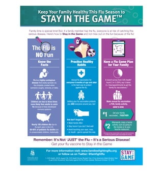 A recent survey from CVS Health1
found 2 in 5 (39%) say it takes
2+ trips/appointments to get the
family ﬂu vaccinations.*
The Flu is
NO Fun
Remember: It’s Not ‘JUST’ the Flu – It’s a Serious Disease!
Get your ﬂu vaccine to Stay in the Game
For more information visit: www.familiesﬁghtingﬂu.org
or follow us on Twitter: @famﬁghtﬂu
1. CVS Health. (2016, August 16). CVS Health Survey Reveals Two in Five Americans Make Multiple Trips
to get Entire Household Vaccinated against the Flu [Press release]. Retrieved October 10, 2016.
Family time is special time! But, if a family member has the ﬂu, everyone is at risk of catching this
serious disease. Here’s how to Stay in the Game and not miss out on the fun because of the ﬂu!
Know the
Facts
Have a Flu Game Plan
for Your Family
e
F
Practice Healthy
Habits
e Fluuuuluu
Flu is a highly-contagious
disease that easily spreads via
tiny droplets created when
someone coughs, sneezes, or talks.
Annual ﬂu vaccination for
everyone 6 months of age and older
is the best way to protect
against the ﬂu.
Getting your ﬂu vaccination protects
you AND everyone around you, too!
Children are two to three times
more likely than adults to catch
ﬂu because of less-developed
immune systems.
Nearly 100 children die due to
ﬂu each year in the U.S.
80-85% of pediatric ﬂu deaths are
in unvaccinated children, historically.
And don’t forget to:
• Wash hands often
• Stay home if you don’t feel well
• Avoid touching your eyes, nose,
or mouth - germs spread this way
Make annual ﬂu vaccination
a FUN, family activity.
HERE’S HOW:
Get your family
vaccinated…TOGETHER
Afterwards, enjoy a family
activity,such as going to
the movies or to your
favorite restaurant.
#
1
#
2
Keep Your Family Healthy This Flu Season to
STAY IN THE GAME™
*Among survey responders who say that everyone
in their household gets vaccinated for the ﬂu.
 