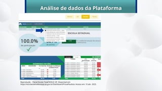 Análise de dados da Plataforma
Reprodução – Painel Escola Total/SEDUC-SP. Disponível em:
https://escolatotal.educacao.sp.gov.br/Dashboard/ProvaPaulista. Acesso em: 10 abr. 2023.
 