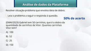 Análise de dados da Plataforma
Leia o problema a seguir e responda à questão.
(EMAI/2023) Gabriel tem 50 carrinhos, que é o dobro da
quantidade de carrinhos de Vitor. Quantos carrinhos
Vitor tem?
A) 100
B) 52
C) 25
D) 150
50% de acerto
Resolver situação-problema que envolva ideia de dobro.
 