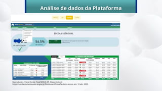 Análise de dados da Plataforma
Reprodução – Painel Escola Total/SEDUC-SP. Disponível em:
https://escolatotal.educacao.sp.gov.br/Dashboard/ProvaPaulista. Acesso em: 10 abr. 2023.
 