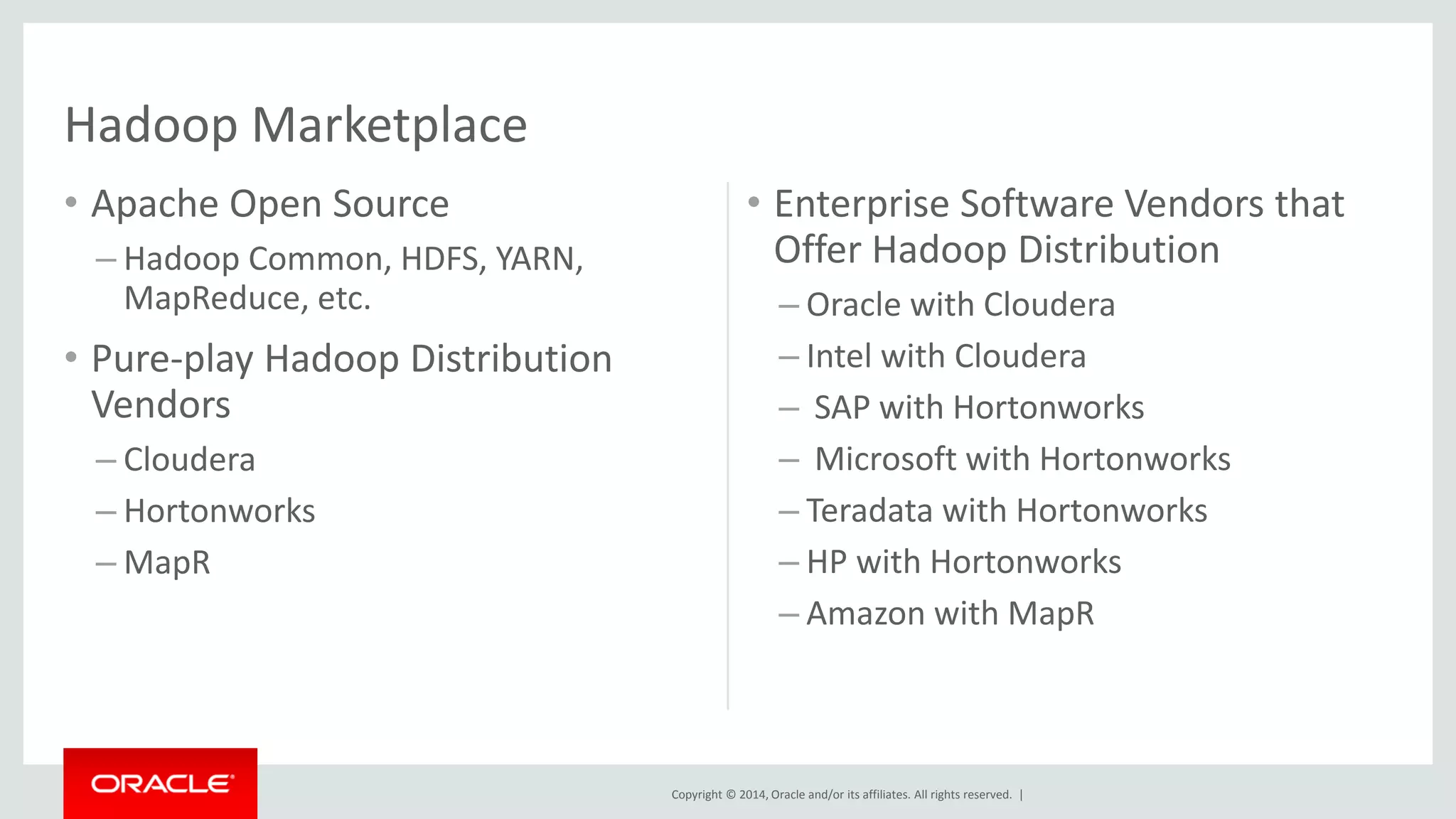 Copyright © 2014, Oracle and/or its affiliates. All rights reserved. |
• Apache Open Source
– Hadoop Common, HDFS, YARN,
MapReduce, etc.
• Pure-play Hadoop Distribution
Vendors
– Cloudera
– Hortonworks
– MapR
• Enterprise Software Vendors that
Offer Hadoop Distribution
– Oracle with Cloudera
– Intel with Cloudera
– SAP with Hortonworks
– Microsoft with Hortonworks
– Teradata with Hortonworks
– HP with Hortonworks
– Amazon with MapR
Hadoop Marketplace
 