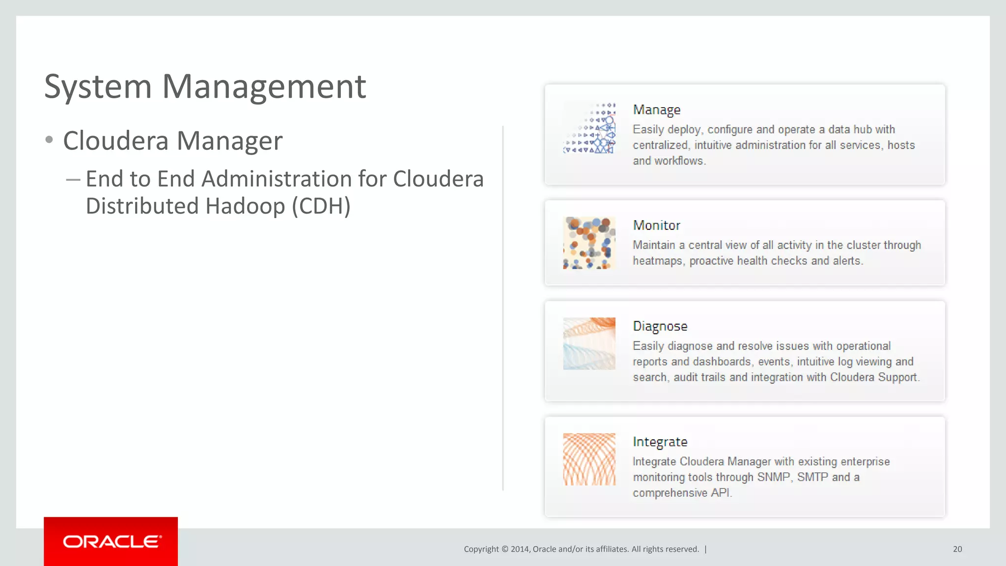 Copyright © 2014, Oracle and/or its affiliates. All rights reserved. |
• Cloudera Manager
– End to End Administration for Cloudera
Distributed Hadoop (CDH)
20
System Management
 