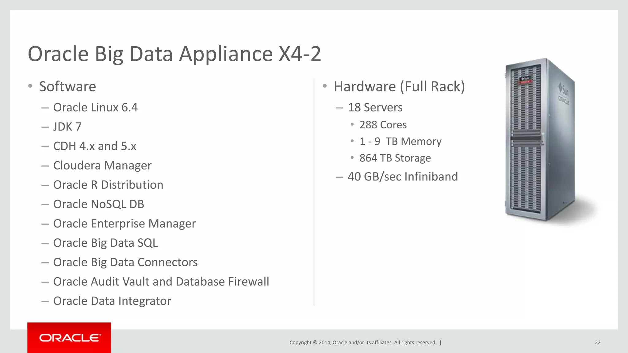 Copyright © 2014, Oracle and/or its affiliates. All rights reserved. |
• Software
– Oracle Linux 6.4
– JDK 7
– CDH 4.x and 5.x
– Cloudera Manager
– Oracle R Distribution
– Oracle NoSQL DB
– Oracle Enterprise Manager
– Oracle Big Data SQL
– Oracle Big Data Connectors
– Oracle Audit Vault and Database Firewall
– Oracle Data Integrator
• Hardware (Full Rack)
– 18 Servers
• 288 Cores
• 1 - 9 TB Memory
• 864 TB Storage
– 40 GB/sec Infiniband
22
Oracle Big Data Appliance X4-2
 
