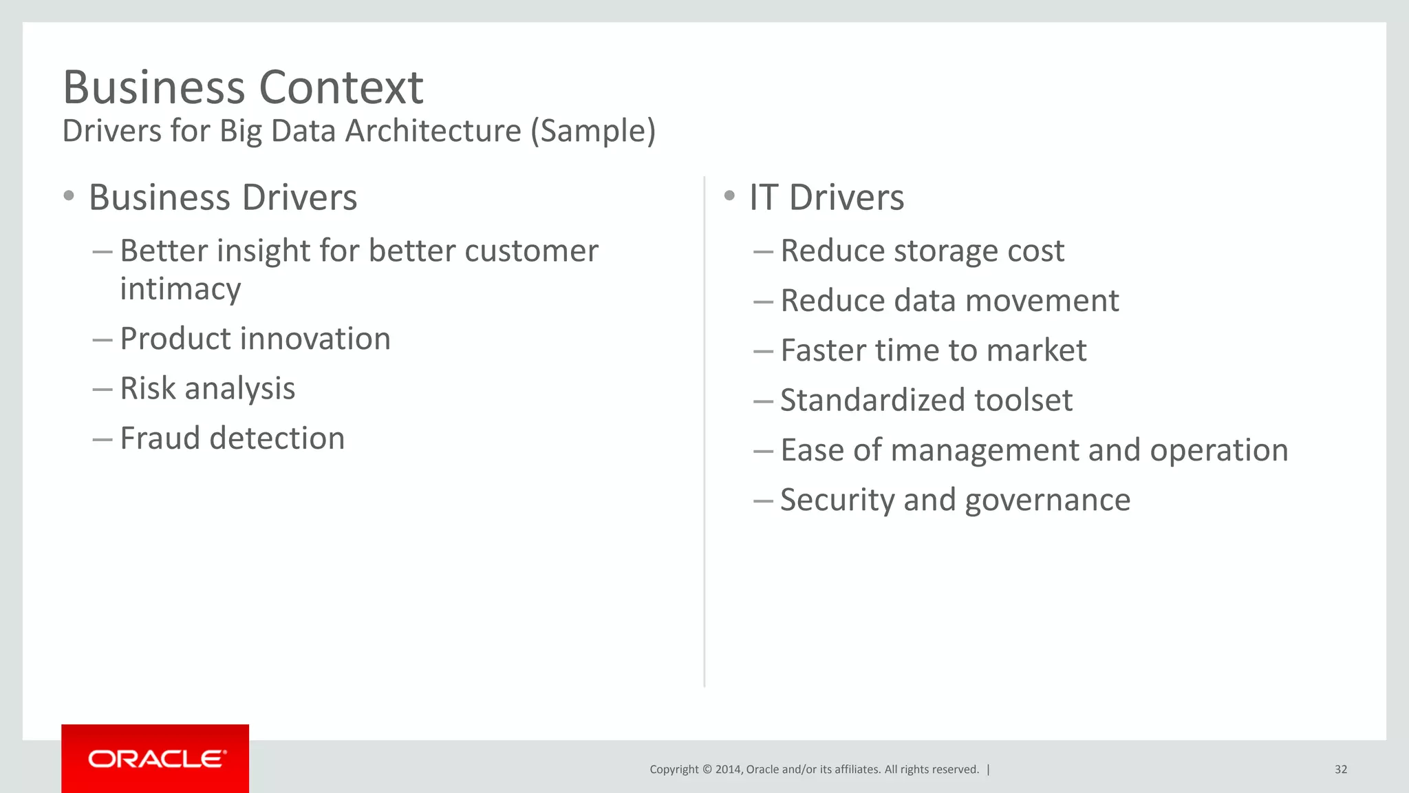 Copyright © 2014, Oracle and/or its affiliates. All rights reserved. |
• Business Drivers
– Better insight for better customer
intimacy
– Product innovation
– Risk analysis
– Fraud detection
• IT Drivers
– Reduce storage cost
– Reduce data movement
– Faster time to market
– Standardized toolset
– Ease of management and operation
– Security and governance
32
Business Context
Drivers for Big Data Architecture (Sample)
 