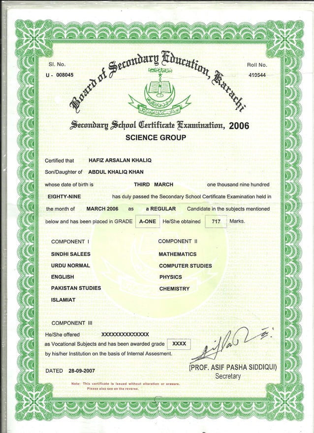 matric certificate PDF
