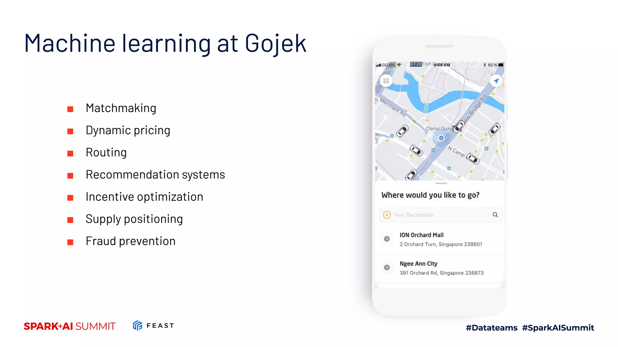 Machine learning at Gojek ■ Matchmaking ■ Dynamic pricing ■ Routing ■ Recommendation systems ■ Incentive optimization ■ Supply positioning ■ Fraud prevention 