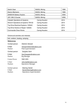 Switch Gear SASOL Mining 1999
Electro Mechanic SASOL Mining 1999
SANDVIK Battery Haulers SASOL Mining 2009
JOY JNA 2 Course SASOL Mining 2009
Catwalk Operations & Systems Canrig Houston 2014
Wrench Operations & Systems TM120 Canrig Houston 2014
Top Drive Electrical Systems 1250AC Canrig Houston 2014
Top Drive Hands on Repair 1250AC Canrig Houston 2014
Commander Draw Works Canrig Houston 2014
Extramural activities and interests
4x4, outdoor, boating, camping
References
Contact person Dietrich, Herwart
E-Mail Herwart.Dietrich@nabors.com
Postion Flied Superintendant
Contact person Sangster, Kent
E-Mail Kent.Sangster@nabors.com
Postion Rig Manager
Contact Person Gatt, John
E-Mail John.Gatt@nabors.com
Position Operations Manager
Contact person Deering, Daniel
E-Mail Daniel.Deering@nabors.com
Position Operations Superintendent
14
 