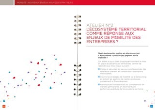 20 21
MOBILITÉ : NOUVEAUX ENJEUX, NOUVELLES PRATIQUES
ATELIER N°2
L’ÉCOSYSTÈME TERRITORIAL
COMME RÉPONSE AUX
ENJEUX DE MOBILITÉ DES
ENTREPRISES ?
Quels partenariats mettre en place avec son
« écosystème » pour un jeu gagnant sur la
mobilité ?
Cet atelier a pour objet d’expliquer comment la mise
en place de dynamiques territoriales permet de
répondre aux trois enjeux suivants :
Piloter et sécuriser les parcours professionnels des
salariés en prenant en compte leurs aspirations
individuelles.
Inscrire les stratégies de mobilité sur le temps long
en évitant les gestions de rupture coûteuses
socialement et financièrement.
Faire évoluer l’entreprise et ses compétences de
manière permanente, en favorisant une
performance globale de l’écosystème territorial.
 