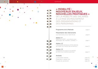« MOBILITÉ :
NOUVEAUX ENJEUX,
NOUVELLES PRATIQUES »
DE LA MOBILITÉ DES SALARIÉS
À LA MISE EN MOUVEMENT
DES ORGANISATIONS ET
DES PERSONNES
Programme de la Matinale	 page 6
Présentation des intervenants
Les intervenants de la Table Ronde	 page 8
Atelier n°1
Repenser la GPEC : une solution pour
développer des mobilités « pilotées » ?	 page 11
Atelier n°2	
L’écosystème territorial comme réponse
aux enjeux de mobilité des entreprises ?	 page 21
Atelier n°3	
Engagement et mise en mouvement,
les clés d’une mobilité dynamique 	 page 31
Annexes
La Newsletter Mobilité	 page 43
Présentation Altedia-LHH	 page 47
Enquête de satisfaction	 page 49	
4 5
SOMMAIRE
 