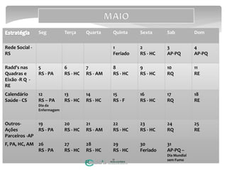 Seg Terça Quarta Quinta Sexta Sab Dom
Rede Social -
RS
1
Feriado
2
RS - HC
3
AP-PQ
4
AP-PQ
Radd’s nas
Quadras e
Eixão -R Q -
RE
5
RS - PA
6
RS - HC
7
RS - AM
8
RS - HC
9
RS - HC
10
RQ
11
RE
Calendário
Saúde - CS
12
RS – PA
Dia da
Enfermagem
13
RS - HC
14
RS - HC
15
RS - F
16
RS - HC
17
RQ
18
RE
Outros-
Ações
Parceiros -AP
19
RS - PA
20
RS - HC
21
RS - AM
22
RS - HC
23
RS - HC
24
RQ
25
RE
F, PA, HC, AM 26
RS - PA
27
RS - HC
28
RS - HC
29
RS - HC
30
Feriado
31
AP-PQ –
Dia Mundial
sem Fumo11
 