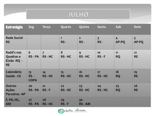 Seg Terça Quarta Quinta Sexta Sab Dom
Rede Social -
RS
1
RS -
2
RS -
3
RS -
4
AP-PQ
5
AP-PQ
Radd’s nas
Quadras e
Eixão -RQ -
RE
6
RS - PA
7
RS - HC
8
RS - HC
9
RS - HC
10
RS - F
11
RQ
12
RE
Calendário
Saúde - CS
13
RS -
COPA
14
RS - HC
15
RS - HC
16
RS - HC
17
RS - HC
18
RQ
19
RE
Outros-
Ações
Parceiros -AP
20
RS - PA
21
RS - F
22
RS - HC
23
RS - HC
24
RS - HC
25
RQ
26
RE
F, PA, HC,
AM
27
RS - PA
28
RS - HC
29
RS - F
30
RS - AM
13
 