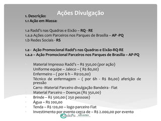 Ações Divulgação1. Descrição:
1.1 Ação em Massa:
1.a Radd’s nas Quadras e Eixão – RQ - RE
1.a.a Ações com Parceiros nos Parques de Brasília – AP -PQ
1.b Redes Sociais - RS
1.a - Ação Promocional Radd’s nas Quadras e Eixão-RQ-RE
1.a.a – Ação Promocional Parceiros nos Parques de Brasília – AP-PQ
• Material Impresso Radd’s – R$ 350,00 (por ação)
• Uniforme equipe – Jaleco – ( R$ 80,00)
• Enfermeiro – ( por 6 h – R$120,00)
• Técnico de enfermagem – ( por 6h - R$ 80,00) aferição de
pressão
• Carro -Material Parceiro divulgação Bandeira - Fiat
• Material Parceiro – Doenças (R$ 350,00)
• Brinde – R$ 500,00 ( 250 pessoas)
• Água – R$ 200,00
• Tenda – R$ 120,00 – logo parceiro Fiat
• Investimento por evento cerca de – R$ 2.000,00 por evento19
 