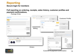 13
Reporting
Package Order
Orders
Billing
Customer Profile
Customer & payment confirmation
Secure login for members
Full reporting on ordering, receipts, sales history, customer profiles and
payment confirmations.
 
