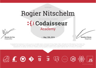 Codaisseur
certiﬁcate
Rogier Nitschelm
has successfully completed
Academy
on May 13th, 2016
Graduated the immersive 2 month course on complete stacks composed of Ruby, RSpec, Rails, JS/Node (incl. ES6), Mocha, Chai, React, SQL,
HTML5, and CSS3. Project workflow includes code reviews and quality assessments, standard practices such as TDD, basics of product
development, UX design, and domain modeling, working together in teams using modern tools like Atom, Git, Github, CI, and Slack.
Wouter de Vos
Chancellor
Rembert Boom
Registrar
© 2016 Codaisseur
 