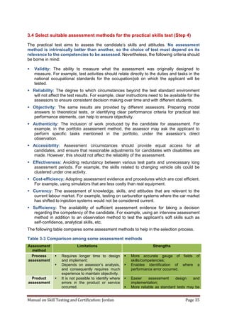 Manual on Skill Testing and Certification: Jordan Page 35
3.4 Select suitable assessment methods for the practical skills test (Step 4)
The practical test aims to assess‎ the‎ candidate’s‎ skills‎ and‎ attitudes.‎ No assessment
method is intrinsically better than another, so the choice of test must depend on its
relevance to the competencies to be assessed. Nevertheless, the following criteria should
be borne in mind:
 Validity: The ability to measure what the assessment was originally designed to
measure. For example, test activities should relate directly to the duties and tasks in the
national occupational standards for the occupation/job on which the applicant will be
tested.
 Reliability: The degree to which circumstances beyond the test standard environment
will not affect the test results. For example, clear instructions need to be available for the
assessors to ensure consistent decision making over time and with different students.
 Objectivity: The same results are provided by different assessors. Preparing modal
answers to theoretical tests, or identifying clear performance criteria for practical test
performance elements, can help to ensure objectivity.
 Authenticity: The inclusion of work produced by the candidate for assessment. For
example, in the portfolio assessment method, the assessor may ask the applicant to
perform specific tasks mentioned in the portfolio, under the assessor’s direct
observation.
 Accessibility: Assessment circumstances should provide equal access for all
candidates, and ensure that reasonable adjustments for candidates with disabilities are
made. However, this should not affect the reliability of the assessment.
 Effectiveness: Avoiding redundancy between various test parts and unnecessary long
assessment periods. For example, the skills related to changing vehicle oils could be
clustered under one activity.
 Cost-efficiency: Adopting assessment evidence and procedures which are cost efficient.
For example, using simulators that are less costly than real equipment.
 Currency: The assessment of knowledge, skills, and attitudes that are relevant to the
current labour market. For example, testing on carburettor systems where the car market
has shifted to injection systems would not be considered current.
 Sufficiency: The availability of sufficient assessment evidence for taking a decision
regarding the competency of the candidate. For example, using an interview assessment
method in addition to an observation method to test the applicant’s soft skills such as
self-confidence, analytical skills, etc.
The following table compares some assessment methods to help in the selection process.
Table ‎3-3 Comparison among some assessment methods
StrengthsLimitationsAssessment
method
 More accurate gauge of fields of
skills/competencies;
 Enables identification of where a
performance error occurred.
 Requires longer time to design
and implement;
 Depends‎ on‎ assessor’s‎ analysis,‎
and consequently requires much
experience to maintain objectivity.
Process
assessment
 Easier assessment design and
implementation;
 More reliable as standard tests may be
 It is not possible to identify where
errors in the product or service
occurred.
Product
assessment
 
