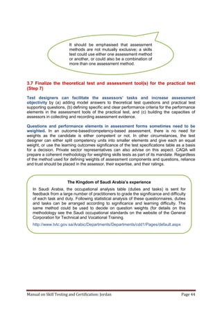 Manual on Skill Testing and Certification: Jordan Page 44
3.7 Finalize the theoretical test and assessment tool(s) for the practical test
(Step 7)
Test designers can facilitate the assessors’‎ tasks‎ and‎ increase‎ assessment‎
objectivity by (a) adding model answers to theoretical test questions and practical test
supporting questions, (b) defining specific and clear performance criteria for the performance
elements in the assessment tools of the practical test, and (c) building the capacities of
assessors in collecting and recording assessment evidence.
Questions and performance elements in assessment forms sometimes need to be
weighted. In an outcome-based/competency-based assessment, there is no need for
weights as the candidate is either competent or not. In other circumstances, the test
designer can either split competency units into smaller elements and give each an equal
weight, or use the learning outcomes significance of the test specifications table as a basis
for a decision. Private sector representatives can also advise on this aspect. CAQA will
prepare a coherent methodology for weighting skills tests as part of its mandate. Regardless
of the method used for defining weights of assessment components and questions, reliance
and trust should be placed in the assessor, their expertise, and their ratings.
It should be emphasised that assessment
methods are not mutually exclusive; a skills
test could use either one assessment method
or another, or could also be a combination of
more than one assessment method.
The‎Kingdom‎of‎Saudi‎Arabia’s‎experience
In Saudi Arabia, the occupational analysis table (duties and tasks) is sent for
feedback from a large number of practitioners to grade the significance and difficulty
of each task and duty. Following statistical analysis of these questionnaires, duties
and tasks can be arranged according to significance and learning difficulty. The
same method could be used to decide on question weights (for details on this
methodology see the Saudi occupational standards on the website of the General
Corporation for Technical and Vocational Training.
http://www.tvtc.gov.sa/Arabic/Departments/Departments/cdd1/Pages/default.aspx
 