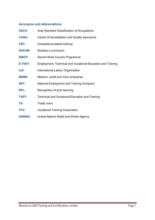 Manual on Skill Testing and Certification: Jordan Page 7
Acronyms and abbreviations
ASCO: Arab Standard Classification of Occupations
CAQA: Centre of Accreditation and Quality Assurance
CBT: Competency-based training
DACUM: Develop a curriculum
DWCP: Decent Work Country Programme
E-TVET: Employment, Technical and Vocational Education and Training
ILO: International Labour Organization
MSME: Medium, small and micro enterprise
NET: National Employment and Training Company
RPL: Recognition of prior learning
TVET: Technical and Vocational Education and Training
TU: Trade union
VTC: Vocational Training Corporation
UNRWA: United Nations Relief and Works Agency
 