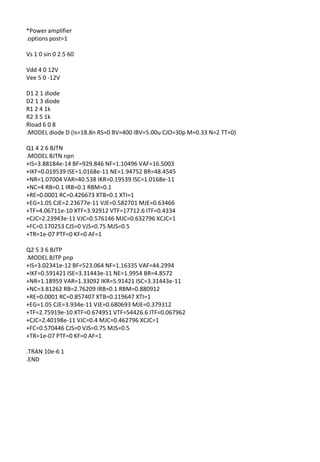 *Power amplifier
.options post=1
Vs 1 0 sin 0 2.5 60
Vdd 4 0 12V
Vee 5 0 -12V
D1 2 1 diode
D2 1 3 diode
R1 2 4 1k
R2 3 5 1k
Rload 6 0 8
.MODEL diode D (Is=18.8n RS=0 BV=400 IBV=5.00u CJO=30p M=0.33 N=2 TT=0)
Q1 4 2 6 BJTN
.MODEL BJTN npn
+IS=3.88184e-14 BF=929.846 NF=1.10496 VAF=16.5003
+IKF=0.019539 ISE=1.0168e-11 NE=1.94752 BR=48.4545
+NR=1.07004 VAR=40.538 IKR=0.19539 ISC=1.0168e-11
+NC=4 RB=0.1 IRB=0.1 RBM=0.1
+RE=0.0001 RC=0.426673 XTB=0.1 XTI=1
+EG=1.05 CJE=2.23677e-11 VJE=0.582701 MJE=0.63466
+TF=4.06711e-10 XTF=3.92912 VTF=17712.6 ITF=0.4334
+CJC=2.23943e-11 VJC=0.576146 MJC=0.632796 XCJC=1
+FC=0.170253 CJS=0 VJS=0.75 MJS=0.5
+TR=1e-07 PTF=0 KF=0 AF=1
Q2 5 3 6 BJTP
.MODEL BJTP pnp
+IS=3.02341e-12 BF=523.064 NF=1.16335 VAF=44.2994
+IKF=0.591421 ISE=3.31443e-11 NE=1.9954 BR=4.8572
+NR=1.18959 VAR=1.33092 IKR=5.91421 ISC=3.31443e-11
+NC=3.81262 RB=2.76209 IRB=0.1 RBM=0.880912
+RE=0.0001 RC=0.857407 XTB=0.119647 XTI=1
+EG=1.05 CJE=3.934e-11 VJE=0.680693 MJE=0.379312
+TF=2.75919e-10 XTF=0.674951 VTF=54426.6 ITF=0.067962
+CJC=2.40198e-11 VJC=0.4 MJC=0.462796 XCJC=1
+FC=0.570446 CJS=0 VJS=0.75 MJS=0.5
+TR=1e-07 PTF=0 KF=0 AF=1
.TRAN 10e-6 1
.END
 