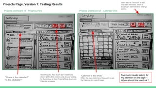 Projects Dashboard v1 - Progress View Projects Dashboard v1 - Calendar View
“Where is the calendar?”
“Is this clickable?”
New Project & New Event don’t need to be
shown all the time. Users were already looking
for them close to New Projects Drop-down and
Calendar anyways.
“Calendar is too small.”
When the user clicks here, they want to see
the Calendar so make it bigger.
Users went to “Account” to add
new team members, which is
actually an administrative settings
section.
Too much visually asking for
my attention on one page --
Where should the user look?
Projects Page, Version 1: Testing Results
 