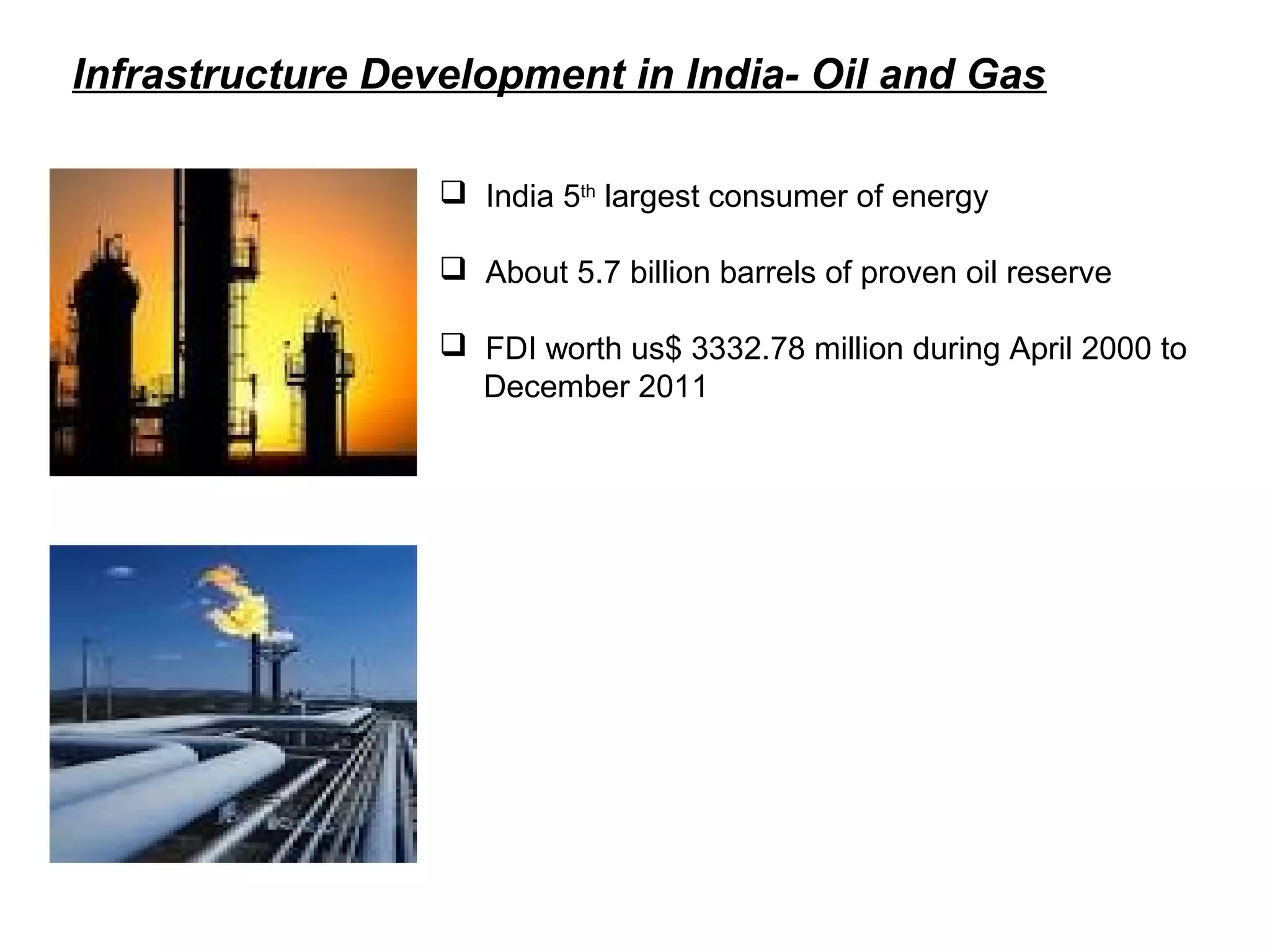 Infrastructure Development in India- Oil and Gas
 India 5th
largest consumer of energy
 About 5.7 billion barrels of proven oil reserve
 FDI worth us$ 3332.78 million during April 2000 to
December 2011
 