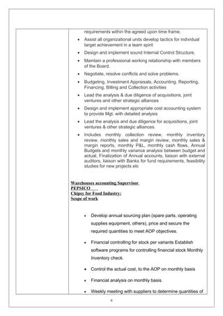 requirements within the agreed upon time frame. 
· Assist all organizational units develop tactics for individual 
target achievement in a team spirit 
· Design and implement sound Internal Control Structure. 
· Maintain a professional working relationship with members 
of the Board. 
· Negotiate, resolve conflicts and solve problems. 
· Budgeting, Investment Appraisals, Accounting, Reporting, 
Financing, Billing and Collection activities 
· Lead the analysis & due diligence of acquisitions, joint 
ventures and other strategic alliances 
· Design and implement appropriate cost accounting system 
to provide Mgt. with detailed analysis 
· Lead the analysis and due diligence for acquisitions, joint 
ventures & other strategic alliances. 
· Includes monthly collection review, monthly inventory 
review, monthly sales and margin review, monthly sales & 
margin reports, monthly P&L, monthly cash flows, Annual 
Budgets and monthly variance analysis between budget and 
actual, Finalization of Annual accounts, liaison with external 
auditors, liaison with Banks for fund requirements, feasibility 
studies for new projects etc 
Warehouses accounting Supervisor 
PEPSICO 
Chipsy for Food Industry: 
Scope of work 
· Develop annual sourcing plan (spare parts, operating 
supplies equipment, others), price and secure the 
required quantities to meet AOP objectives. 
· Financial controlling for stock per variants Establish 
software programs for controlling financial stock Monthly 
Inventory check. 
· Control the actual cost, to the AOP on monthly basis 
· Financial analysis on monthly basis. 
· Weekly meeting with suppliers to determine quantities of 
6 
 