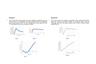 Results I
• The results from the isotropic tri-axial computer simulation tests are
shown in Figs. 5-7 depicting stress-strain relation (Fig. 5), normalized
stress-strain relation (Fig. 6), and volume-axial strain behavior (Fig.
7). Axial/radial stress is set constant at 1MPa.
Fig. 5 Fig. 6
Fig. 7
Results II
• The results from the computer simulations tests without fluid flow
show the relations between number of produced sands and the
confining stress for the sample model (Fig. 8) and a chosen smaller
model (Fig. 9).
Fig. 8
Fig. 9
 