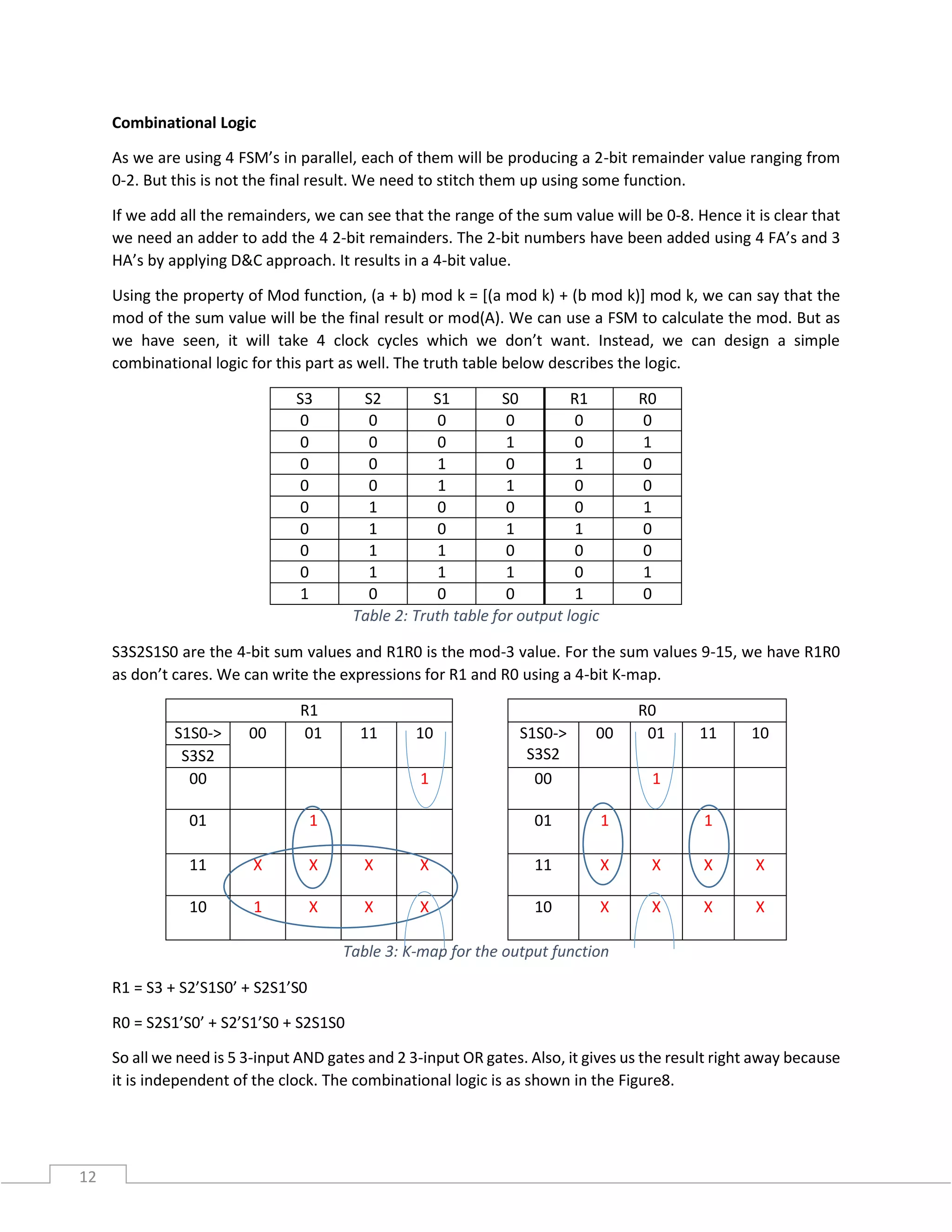 12
Combinational Logic
As we are using 4 FSM’s in parallel, each of them will be producing a 2-bit remainder value ranging from
0-2. But this is not the final result. We need to stitch them up using some function.
If we add all the remainders, we can see that the range of the sum value will be 0-8. Hence it is clear that
we need an adder to add the 4 2-bit remainders. The 2-bit numbers have been added using 4 FA’s and 3
HA’s by applying D&C approach. It results in a 4-bit value.
Using the property of Mod function, (a + b) mod k = [(a mod k) + (b mod k)] mod k, we can say that the
mod of the sum value will be the final result or mod(A). We can use a FSM to calculate the mod. But as
we have seen, it will take 4 clock cycles which we don’t want. Instead, we can design a simple
combinational logic for this part as well. The truth table below describes the logic.
S3 S2 S1 S0 R1 R0
0 0 0 0 0 0
0 0 0 1 0 1
0 0 1 0 1 0
0 0 1 1 0 0
0 1 0 0 0 1
0 1 0 1 1 0
0 1 1 0 0 0
0 1 1 1 0 1
1 0 0 0 1 0
Table 2: Truth table for output logic
S3S2S1S0 are the 4-bit sum values and R1R0 is the mod-3 value. For the sum values 9-15, we have R1R0
as don’t cares. We can write the expressions for R1 and R0 using a 4-bit K-map.
R1 R0
S1S0-> 00 01 11 10 S1S0->
S3S2
00 01 11 10
S3S2
00 1 00 1
01 1 01 1 1
11 X X X X 11 X X X X
10 1 X X X 10 X X X X
Table 3: K-map for the output function
R1 = S3 + S2’S1S0’ + S2S1’S0
R0 = S2S1’S0’ + S2’S1’S0 + S2S1S0
So all we need is 5 3-input AND gates and 2 3-input OR gates. Also, it gives us the result right away because
it is independent of the clock. The combinational logic is as shown in the Figure8.
 
