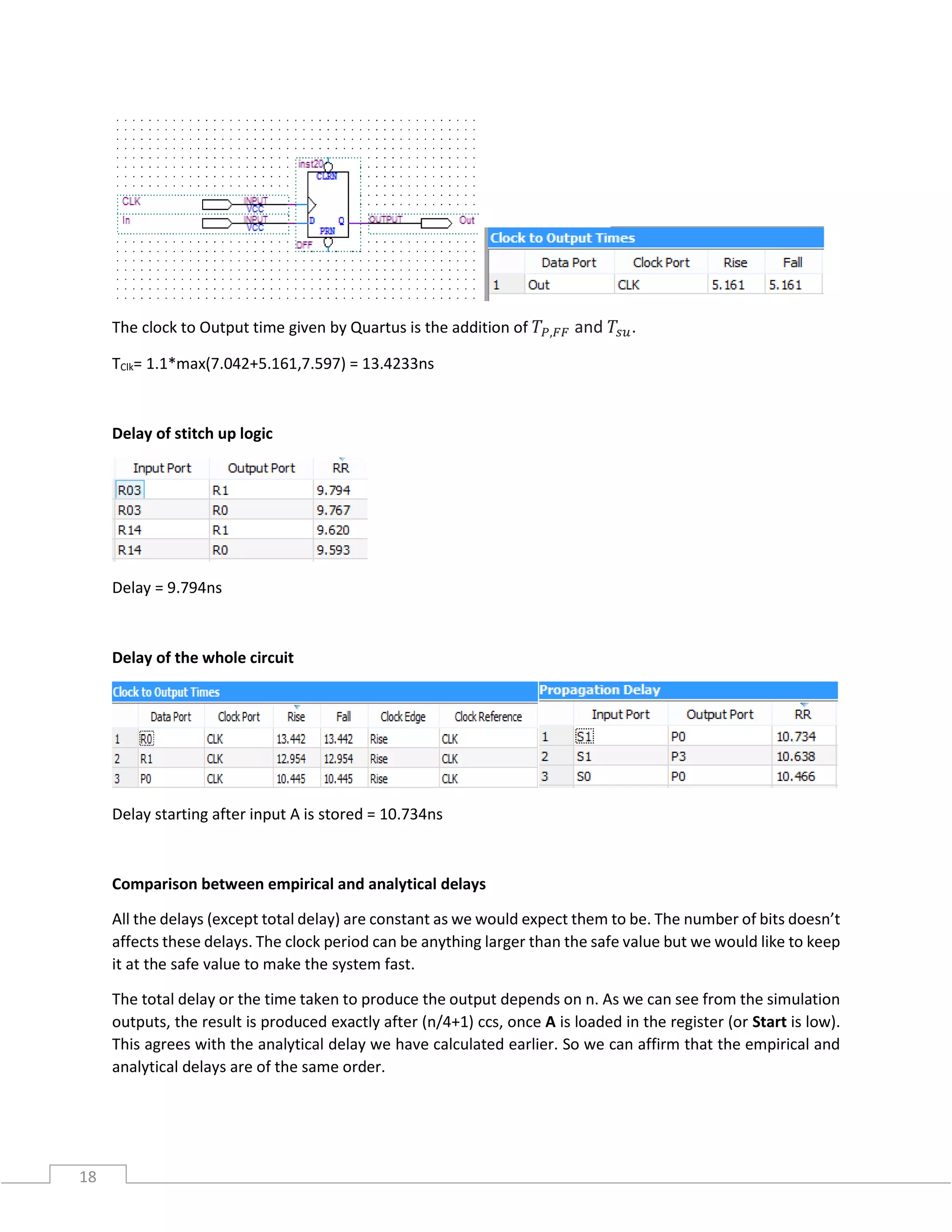 18
The clock to Output time given by Quartus is the addition of 𝑇𝑃,𝐹𝐹 and 𝑇𝑠𝑢.
TClk= 1.1*max(7.042+5.161,7.597) = 13.4233ns
Delay of stitch up logic
Delay = 9.794ns
Delay of the whole circuit
Delay starting after input A is stored = 10.734ns
Comparison between empirical and analytical delays
All the delays (except total delay) are constant as we would expect them to be. The number of bits doesn’t
affects these delays. The clock period can be anything larger than the safe value but we would like to keep
it at the safe value to make the system fast.
The total delay or the time taken to produce the output depends on n. As we can see from the simulation
outputs, the result is produced exactly after (n/4+1) ccs, once A is loaded in the register (or Start is low).
This agrees with the analytical delay we have calculated earlier. So we can affirm that the empirical and
analytical delays are of the same order.
 