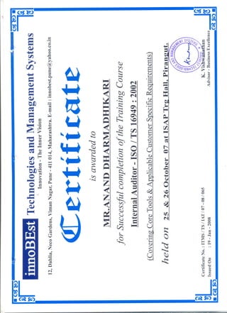 ISO TS Internal auditor certificate