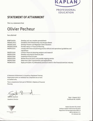 Olivier Pecheur Financial Planning Statement of Attainment