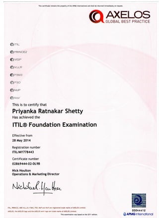This certificate remains the property of the APMG International and shall be returned immediately on request.
AXELOS
GLOBAL BEST PRACTICE
<D"TIL
0 P R I N C E 2
0 M S P "
<£M_o_R
^VP30
<£MoP
<t>MoV
This is to certify that
Priyanka Ratnakar Shetty
Has achieved the
ITIL® Foundation Examination
Effective from
28 May 2014
Registration number
ITIL/MY778443
Certificate number
02869444-02-DL9B
Nick Houlton
Operations & Marketing Director
ITIL, PRINCE2, MSP, M_o_R, P3M3, P30, MoP and MoV are registered trade marks of AXELOS Limited.
^ APMG International
AXELOS, the AXELOS logo and the AXELOS swirl logo are trade marks of AXELOS Limited. 0004441 2
This examination was based on the 2011 edition.
 