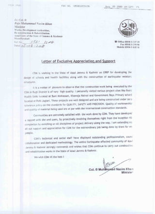 pakistan usaid reconstruction program minister appreciation letter