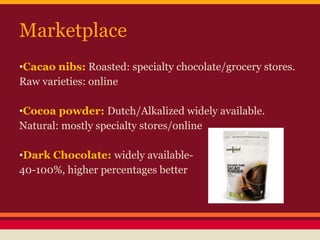 Marketplace
•Cacao nibs: Roasted: specialty chocolate/grocery stores.
Raw varieties: online
•Cocoa powder: Dutch/Alkalized widely available.
Natural: mostly specialty stores/online
•Dark Chocolate: widely available-
40-100%, higher percentages better
 