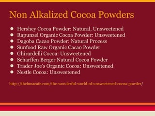Non Alkalized Cocoa Powders
● Hershey Cocoa Powder: Natural, Unsweetened
● Rapunzel Organic Cocoa Powder: Unsweetened
● Dagoba Cacao Powder: Natural Process
● Sunfood Raw Organic Cacao Powder
● Ghirardelli Cocoa: Unsweetened
● Scharffen Berger Natural Cocoa Powder
● Trader Joe’s Organic Cocoa: Unsweetened
● Nestle Cocoa: Unsweetened
http://thelunacafe.com/the-wonderful-world-of-unsweetened-cocoa-powder/
 