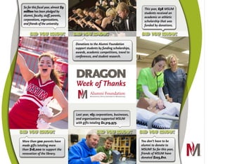 DRAGON
Week of Thanks
did you know:
So far this fiscal year, almost $9
million has been pledged by
alumni, faculty, staff, parents,
corporations, organizations,
and friends of the university.
did you know:
Last year, 163 corporations, businesses,
and organizations supported MSUM
with gifts totaling $2,319,973.
did you know:
More than 500 parents have
made gifts totaling more
than $18,000 to support the
renovation of the library.
did you know:
You don’t have to be
alumni to donate to
MSUM! So far this year,
friends of MSUM have
donated $223,812.
did you know:
This year, 638 MSUM
students received an
academic or athletic
scholarship that was
funded by donations.
did you know:
Donations to the Alumni Foundation
support students by funding scholarships,
awards, academic competitions, travel to
conferences, and student research.
 