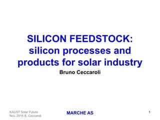 KAUST Solar Future
Nov. 2015 B. Ceccaroli
MARCHE AS 1
SILICON FEEDSTOCK:
silicon processes and
products for solar industry
Bruno Ceccaroli
 